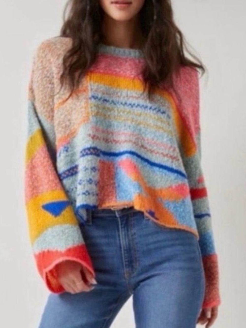 Moon & Madison Colorful Playful Patchwork Oversized Knit Sweater Cozy Boho Funky